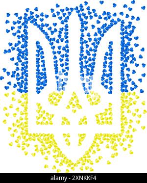 Ukrainian national emblem trident tryzub shape illustration for Ukrainian Independence Day greeting card with many scattering blue and yellow hearts o Stock Vector