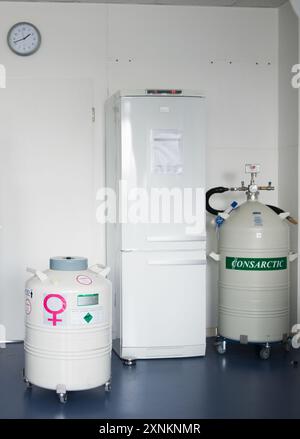 Cryopreservation tanks in a fertility clinic in Berlin, storing eggs and embryos for future use. Concept of hope and future planning. Stock Photo