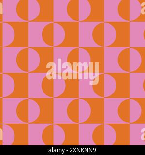 Mid Century Half Circles in pink and orange on checkered seamless pattern. For wallpaper, home décor and textile Stock Vector