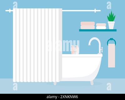 Bathroom with bathtub curtained with curtain, shelves and hygiene items. Simple minimalist home bathroom interior. Apartment bathroom, vector graphics Stock Vector