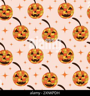 Groovy Halloween disco pumpkins seamless pattern with orange starbursts. For Halloween decorations, fabric and textile Stock Vector