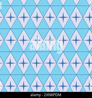 Mid Century blue Atomic Starbursts on turquoise and white retro diamonds seamless pattern. For home décor, wallpaper and fabric Stock Vector