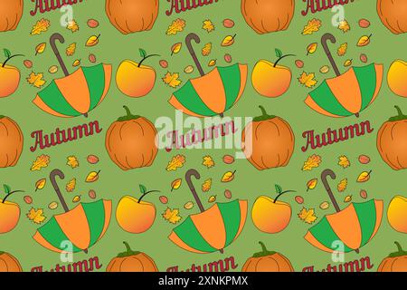 Seamless autumn pattern featuring pumpkins, umbrellas, apples, and leaves. Perfect for seasonal decorations and fall-themed designs. Stock Vector