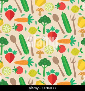 Colorful Vegetables seamless pattern with cucumber, carrots, beets, broccoli, pepper and tomato on light cream background. For kitchen decorations, fa Stock Vector