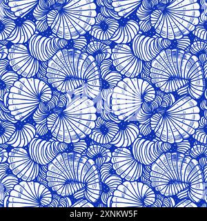 Azure blue white shell motif with linen seamless batik background, Modern coastal beach cottage rustic shell block print home decor pattern design in Stock Photo