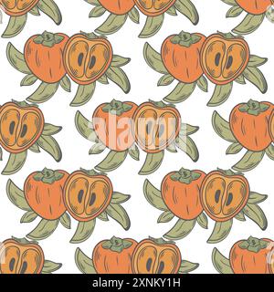 Orange fruits with foliage background. Seamless pattern with fresh ripe persimmon on white background. Fruit healthy food print for packaging Stock Vector