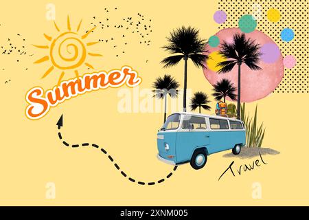 Summer collage with sun, palms and a truck on a yellow background Stock Photo