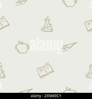 Seamless pattern with school, learning, autumn. Simple vector illustration with icons of apple, paper airplane, flask  Stock Vector