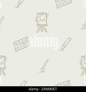 Seamless pattern creativity, drawing, school. Vector illustration with school icons of brush, paints, easel and pencil Stock Vector