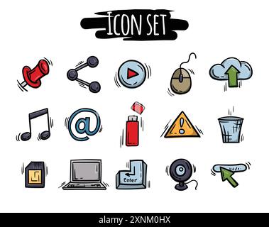 Bright set of hand drawn icons related to the internet, computer, users and interface. Simple vector signs and symbols Stock Vector