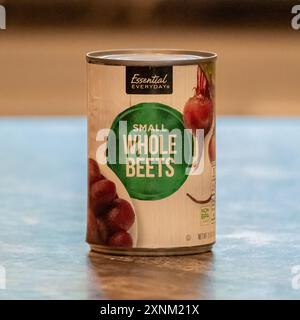 NISSWA, MN - 31 JUL 2024: Can of small whole beets on the kitchen counter. Stock Photo