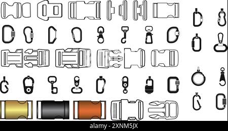 Quick Release buckles flat sketch, Clip, hook climber. Stock Vector
