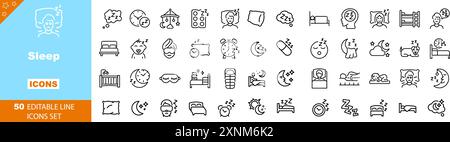 Icons related to sleep. Linear icon collection. Editable stroke. Vector illustration Stock Vector