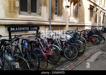Bikes (probably students) chained up in Brasenose Lane outside one of the collages in Oxford. Stock Photo
