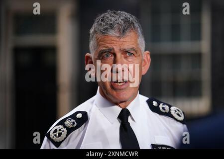 Chief Constable Sir Andy Marsh, Chief Executive of the College of Policing, speaks to the media outside 10 Downing Street, London, after a meeting with Prime Minister Sir Keir Starmer and senior policing leaders following scenes of violent unrest in Southport, London, Hartlepool and Manchester in the wake of the killing of three young girls in a knife attack. Picture date: Thursday August 1, 2024. Stock Photo