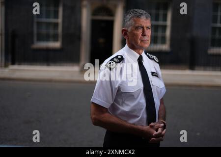 Chief Constable Sir Andy Marsh, Chief Executive of the College of Policing, speaks to the media outside 10 Downing Street, London, after a meeting with Prime Minister Sir Keir Starmer and senior policing leaders following scenes of violent unrest in Southport, London, Hartlepool and Manchester in the wake of the killing of three young girls in a knife attack. Picture date: Thursday August 1, 2024. Stock Photo