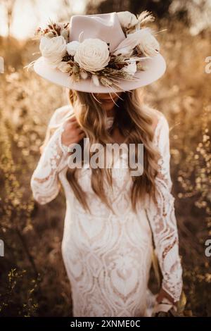 boho wedding dress with hat Wedding Dress White Wedding Hats Wedding Dress Cowgirl Hat Wedding Cowgirl Hat With Tassels White