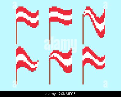 Pixel Austria flag icon set isolated on white background. Waving flag of Austria in 8-bit retro graphics style from the 80s. Design in pixel art style Stock Vector