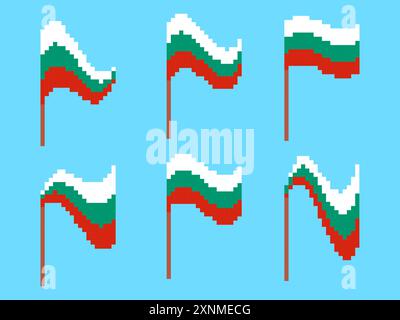 Pixel Bulgarian flag icon set isolated on white background. Waving Bulgaria flag in 8-bit retro graphics style from the 80s. Design in pixel art style Stock Vector
