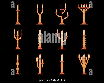 Candlesticks icon set in pixel art style. Candles in 8-bit pixel style. Candlesticks for candles on black background. Icon design for banners, posters Stock Vector