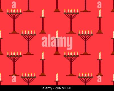 Seamless pattern of pixel candlesticks. Candlestick with candles in 8-bit style. Candlestick with burning candles. Design for wallpapers, wrappers, co Stock Vector