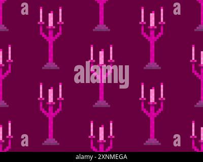 Seamless pattern of pixel candlesticks. Candlestick with candles in 8-bit style. Candlestick with burning candles. Design for wallpapers, wrappers, co Stock Vector