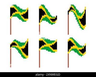 Pixel Brazil flag icon set isolated on white background. Waving Brazil flag in 8-bit retro graphics style from the 80s. Design in pixel art style for Stock Vector