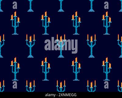 Seamless pattern of pixel candlesticks. Candlestick with candles in 8-bit style. Candlestick with burning candles. Design for wallpapers, wrappers, co Stock Vector
