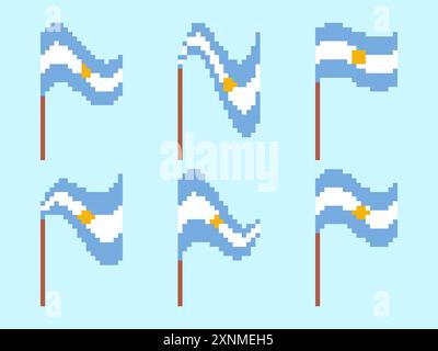 Pixel Argentina flag icon set isolated on white background. Waving Argentina flag in pixel art style. 8-bit retro graphics from the 80s. Design for ba Stock Vector