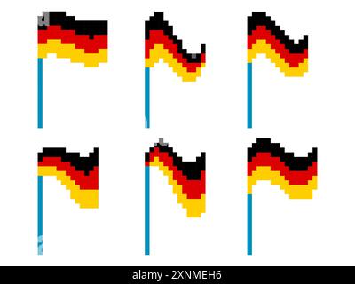 Pixel German flag icon set isolated on white background. Waving German flag in pixel art style 8-bit retro graphics of the 80s. Design for banner, pos Stock Vector