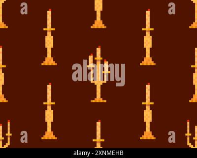 Seamless pattern of pixel candlesticks. Candlestick with candles in 8-bit style. Candlestick with burning candles. Design for wallpapers, wrappers, co Stock Vector