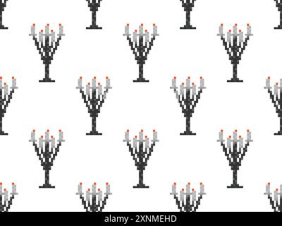 Seamless pattern of pixel candlesticks. Candlestick with candles in 8-bit style. Candlestick with burning candles. Design for wallpapers, wrappers, co Stock Vector