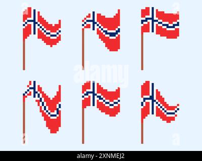 Pixel Norway flag icon set isolated on white background. Waving flag of Norway in 8-bit retro graphics style from the 80s. Design in pixel art style f Stock Vector
