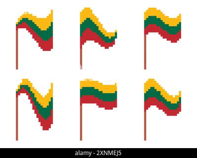 Pixel Lithuania flag icon set isolated on white background. Waving flag of Lithuania in 8-bit retro graphics style from the 80s. Design in pixel art s Stock Vector