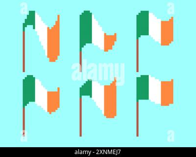 Pixel Irish flag icon set isolated on white background. Waving flag of Ireland in 8-bit retro graphics style from the 80s. Design in pixel art style f Stock Vector