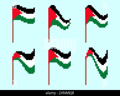 Pixel Palestine flag icon set isolated on white background. Waving Palestine flag in 8-bit retro graphics style from the 80s. Design in pixel art styl Stock Vector