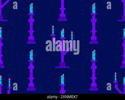 Seamless pattern of pixel candlesticks. Candlestick with candles in 8-bit style. Candlestick with burning candles. Design for wallpapers, wrappers, co Stock Vector