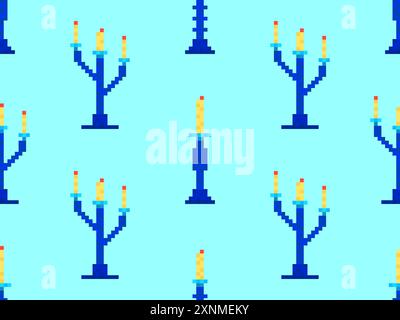 Seamless pattern of pixel candlesticks. Candlestick with candles in 8-bit style. Candlestick with burning candles. Design for wallpapers, wrappers, co Stock Vector