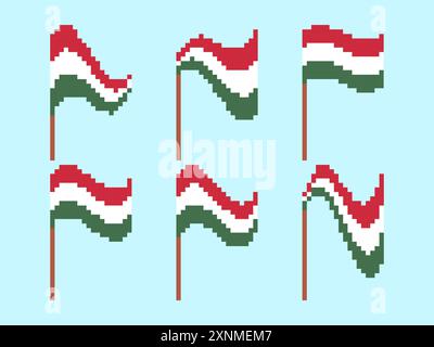 Pixel Hungary flag icon set isolated on white background. Waving flag of Hungary in 8-bit retro graphics style from the 80s. Design in pixel art style Stock Vector