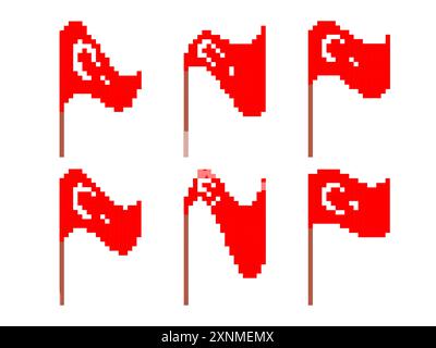 Pixel Turkish flag icon set isolated on white background. Waving flag of Turkey in 8-bit retro graphics style from the 80s. Design in pixel art style Stock Vector
