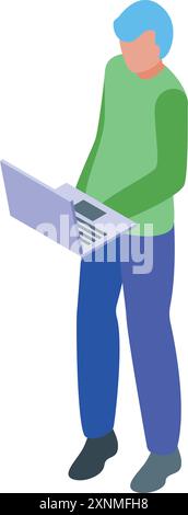 Programmer standing and holding a laptop, typing on the keyboard Stock Vector