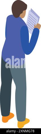 Office worker is standing and reading a document in this isometric illustration Stock Vector