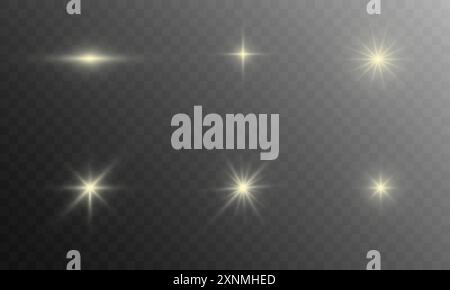 Glowing shining gold stars glare sparkles on a dark transparent background in vector Stock Vector
