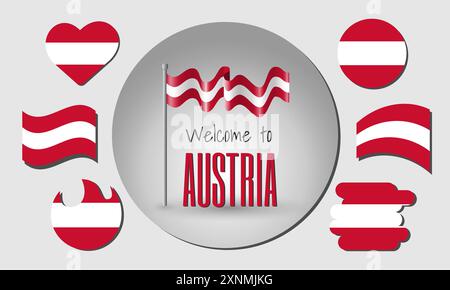 Waving flag of Austria in vector with the inscription Welcome to Austria! Different versions of the flag in the shape of a heart, circle, arc, etc. Stock Vector