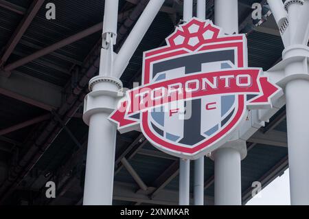 Toronto, ON, Canada – April 5, 2024:  Toronto F.C. MLS team logo at their home stadium in downtown Toronto, BMO Field Stock Photo