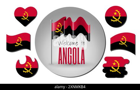 Waving flag of Angola in vector with the inscription Welcome to Angola! Different versions of the flag in the shape of a heart, circle, arc, etc. Stock Vector