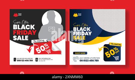 Black Friday sale discount offer social media posts, banner, ads template and square flyer or poster template design Stock Vector