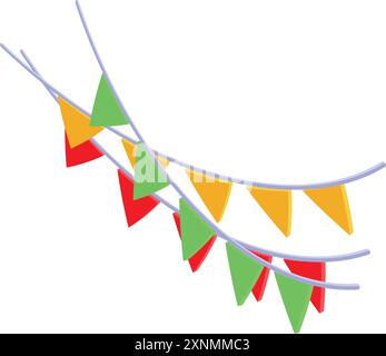 Colorful triangle flags are hanging on string, bringing festive atmosphere to any celebration Stock Vector