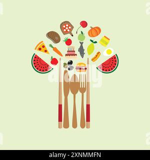 Chopsticks, spoon, fork, knife and different types of food Stock Vector