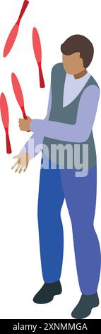Circus artist juggling pins in the air, showcasing impressive hand eye coordination and entertainment skills Stock Vector